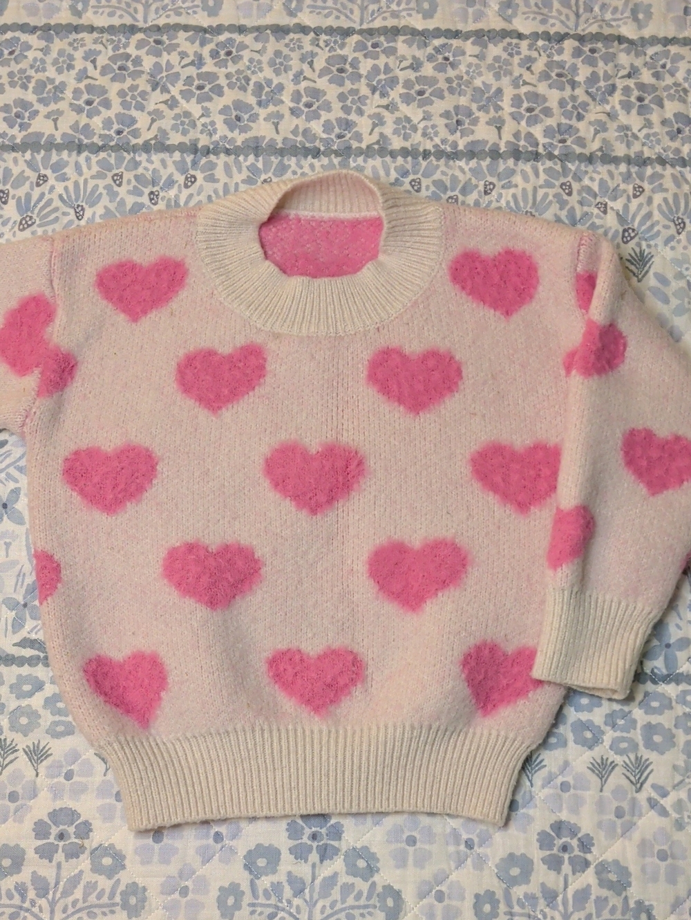 Heart Pattern Crewneck Sweater - Pink Hearts on Cream